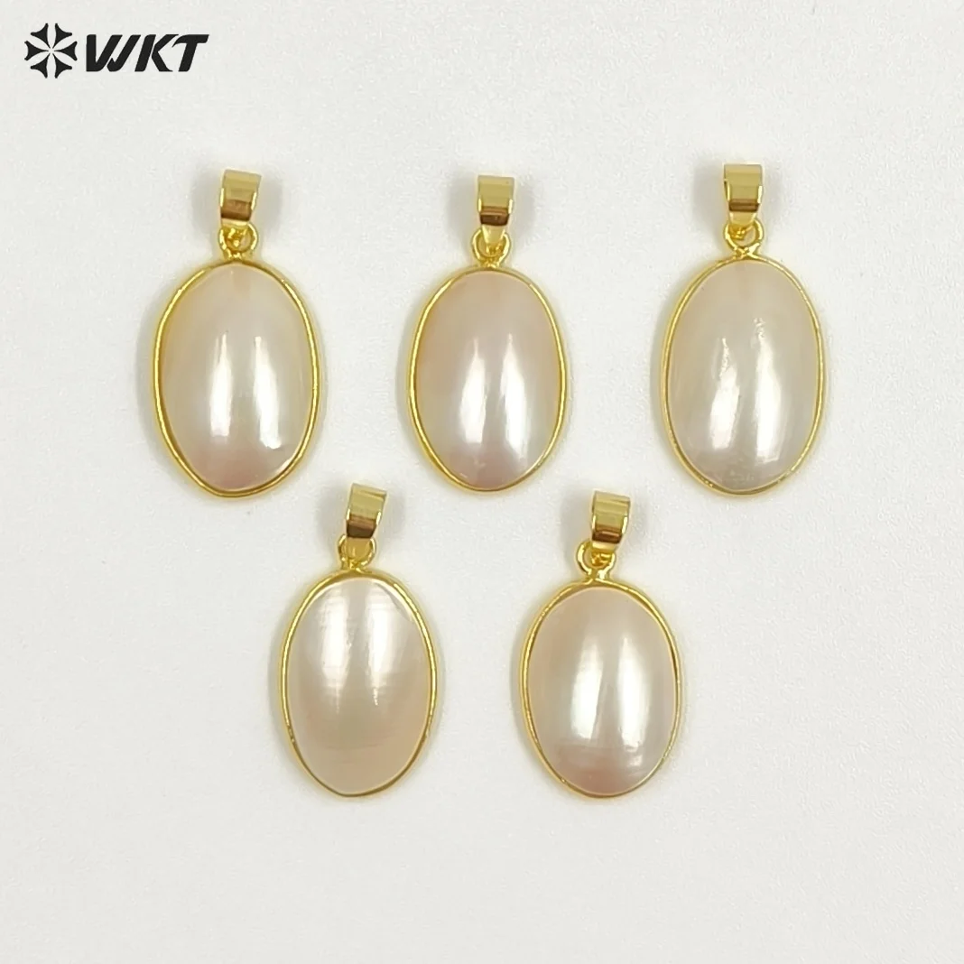 

Высококачественные позолоченные 18-каратным золотом овальные гладкие подвески из перламутра WT-JP490 для женских ожерелий, серег, ювелирных изделий и компонентов для рукоделия