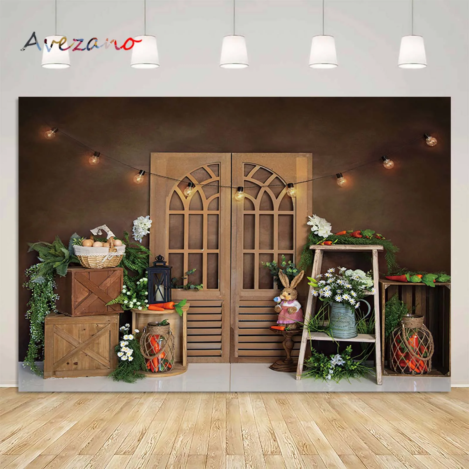 

Avezano Easter Photography Background Brown Wooden Door Rabbit Carrot Baby Shower Backdrop Party Decor Spring Kid Portrait Photo