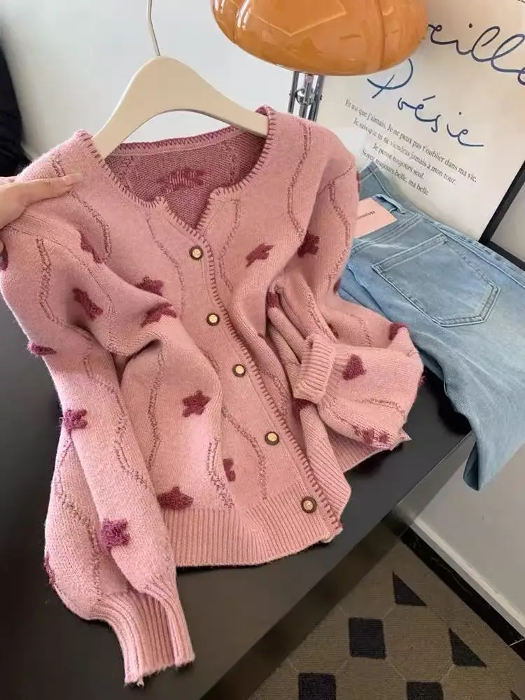 

Women's Pink V-Neck Long Sleeve Casual Sweater Star American Cute 2000S Aesthetic High Street Retro Winter Top Sweater Clothes