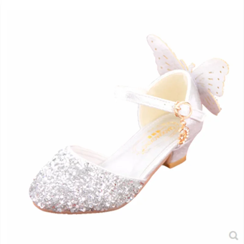 Children Back Bow Wing Dazzling Closed Toe Sandals Pink Silver Princess Cute Shoes Crystal Low Heels Kids Buckle Strap De Tacons