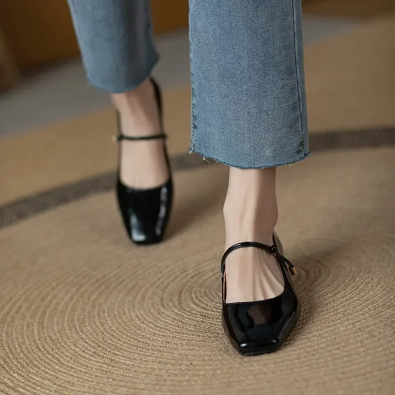 Mary Jane Shoes Wine Red Square Toe Leather Shoes for Women\'s Retro Patent Leather Shoe Chaussure Femme Small Heel Pumps