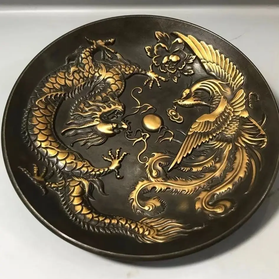Boutique copper gilt dragon and phoenix plate dragon and phoenix chengxiang relief craftsmanship exquisite workmanship home deco