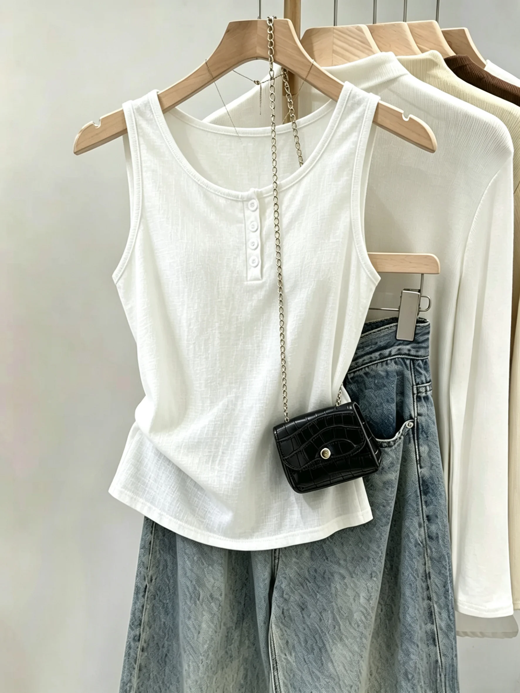 

Summer New Large Size Snowflake Cotton Button Strap Vest Women's Sleeveless Top Inner Wear Casual Loose Style Fashionable