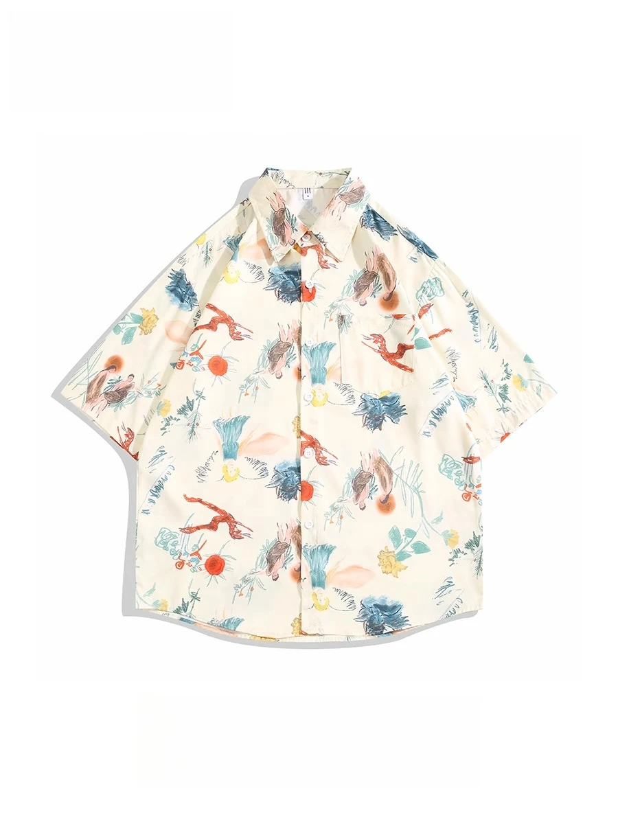 

Japan Kawaii Shirt Unisex Graffiti Printed Top American High-end Lapel Blouse Summer Korean Ice Silk Oversize Men's Beach Shirt