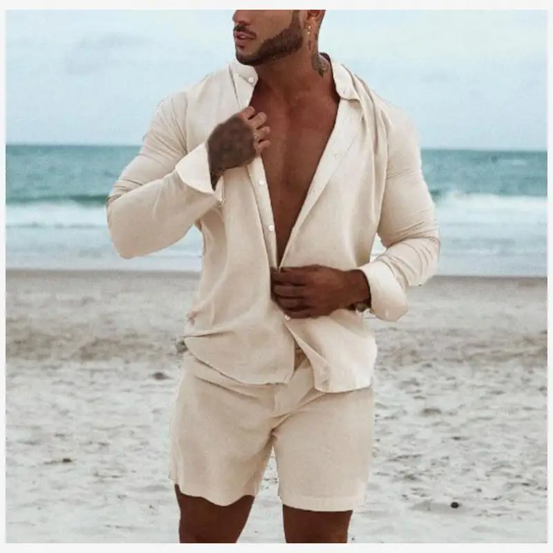 

Мужские однотонные брюки Long Sve irt And ort, комплект из двух предметов, летняя модная повседневная хлопковая смесь ткани