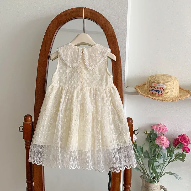 

Children Clothes Beaded Baby Dresses Kids Princess Dresses Sleeveless Lace Splicing Baby Girl Party Dress For Wedding Prom