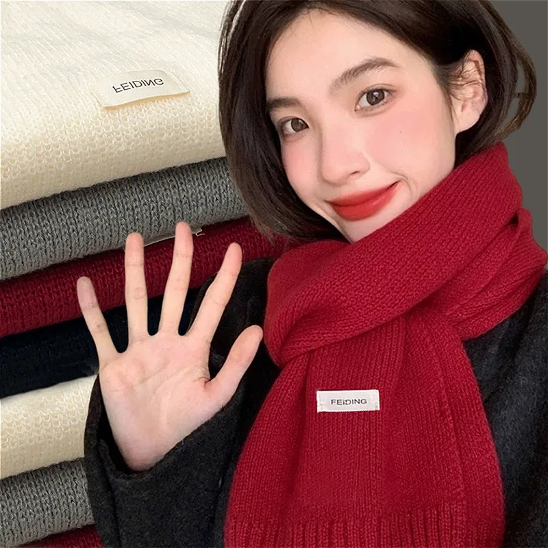 2024 Winter Women Solid Color Scarf Thickening Windproof Neck Cover Knitted Warm Korean Vintage Red Scarfs Harajuku Girls Gifts