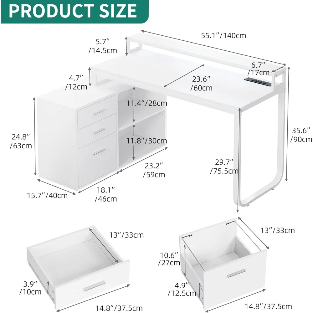 L-shaped desk with drawers, 55” corner computer desk with electrical outlets, L-shaped desk with LED lights and filing cabinet