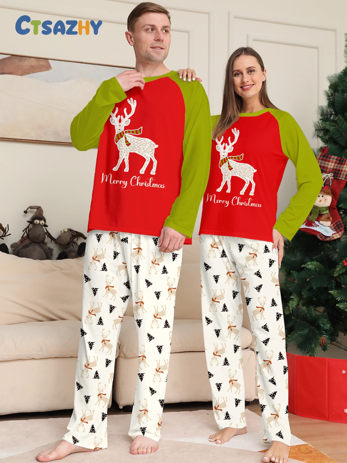 

Рождественский комплект пижамы для пар, красная, зеленая пижама с рукавами реглан и оленем «Веселого Рождества»