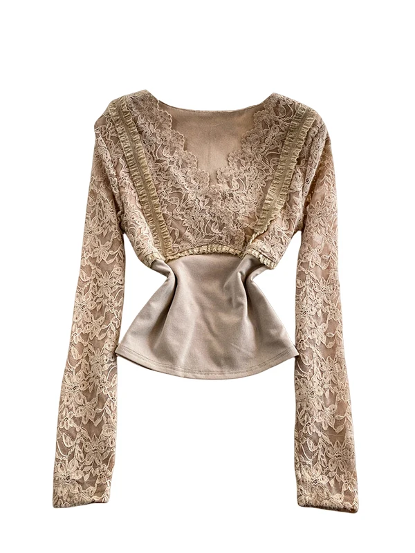 Seksowny koronkowy top z dekoltem w serek, łączony, damski, jesienno-zimowy, osobowość, bazowy top, modny, długi, oddychający.