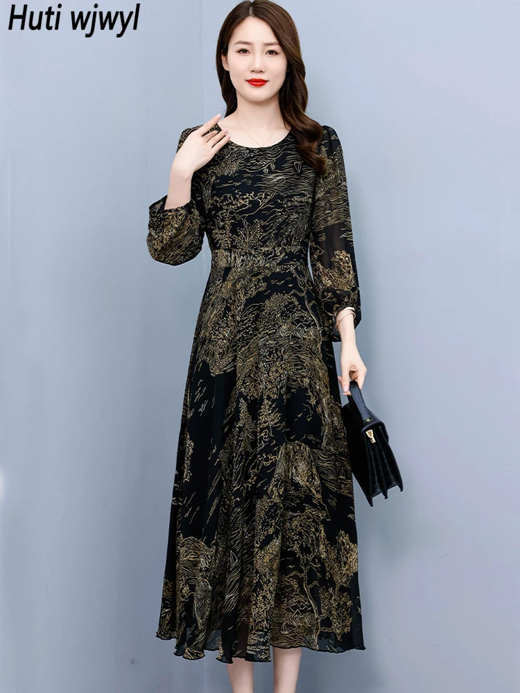 

Spring Autumn Black Print Vintage Night Vestidos Women Korean Casual Chiffon Party Vestidos 2024 Elegant Bodycon Chic Prom Dress