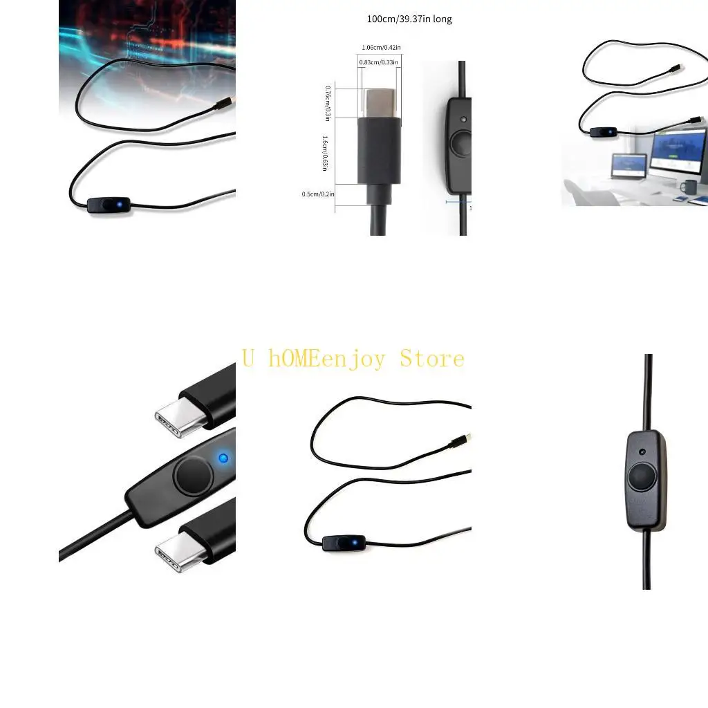 B0KF Male to Male USB C Cable Cord with On Off Button for Type C Phones Tablets