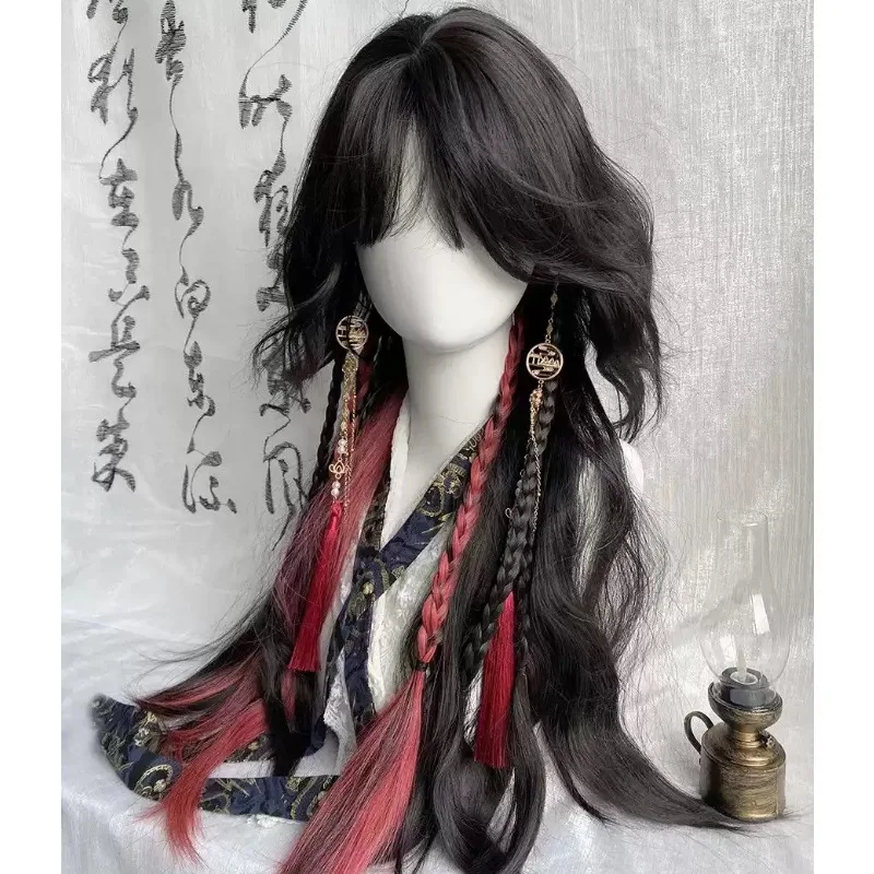 Women Full Wig Black Red Highlight Wool Curly Jellyfish Hair, Ancient Style Braided Wig for Halloween Christmas Cosplay Party