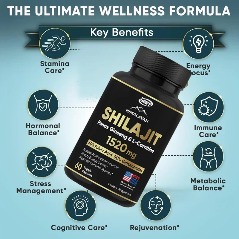 Pure Himalayan Shilajit Supplement 60 Capsules 60% Fulvic Acid 85 Trace Minerals Containing Ginseng and L-Carnitine