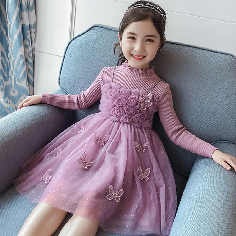 

Girls' Autumn New Elegant Knitted Tulle Skirt Children's Net Red French Style Long Sleeve Dress