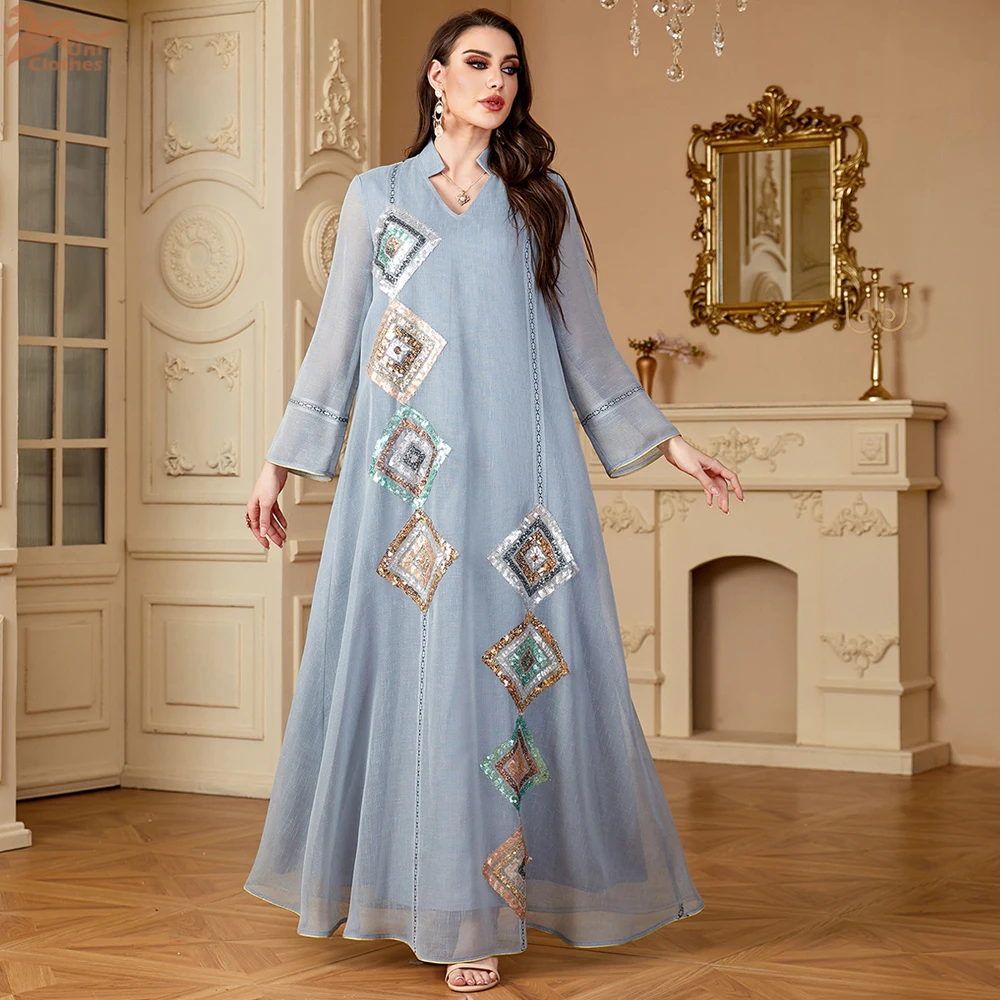 Sequins Embroidered Long Dress Women Summer Elegant Casual Loose Cotton Linen Maxi Dress Holiday Party Muslim Arab Abaya