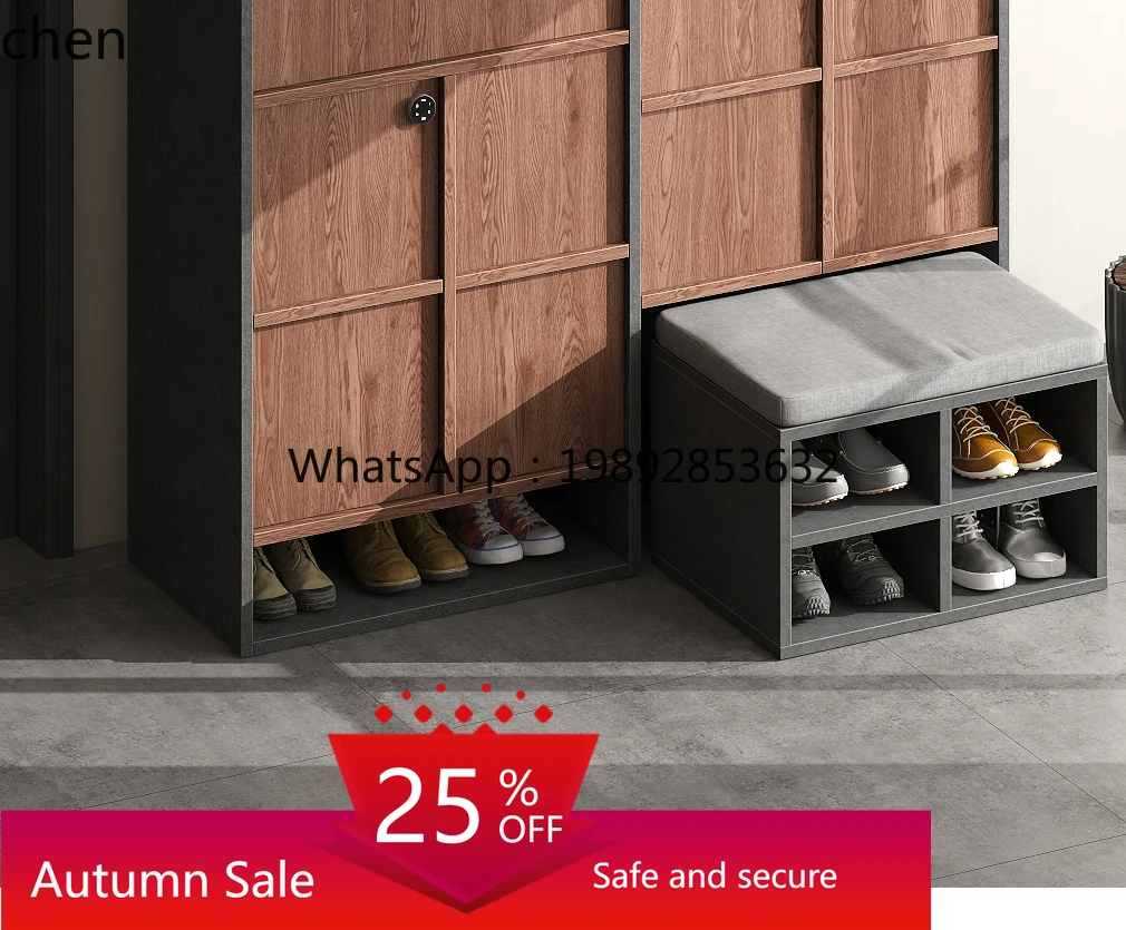 

solid wood shoe cabinet at the entrance of the household, outside the corridor, corridor seat with door storage cabinet