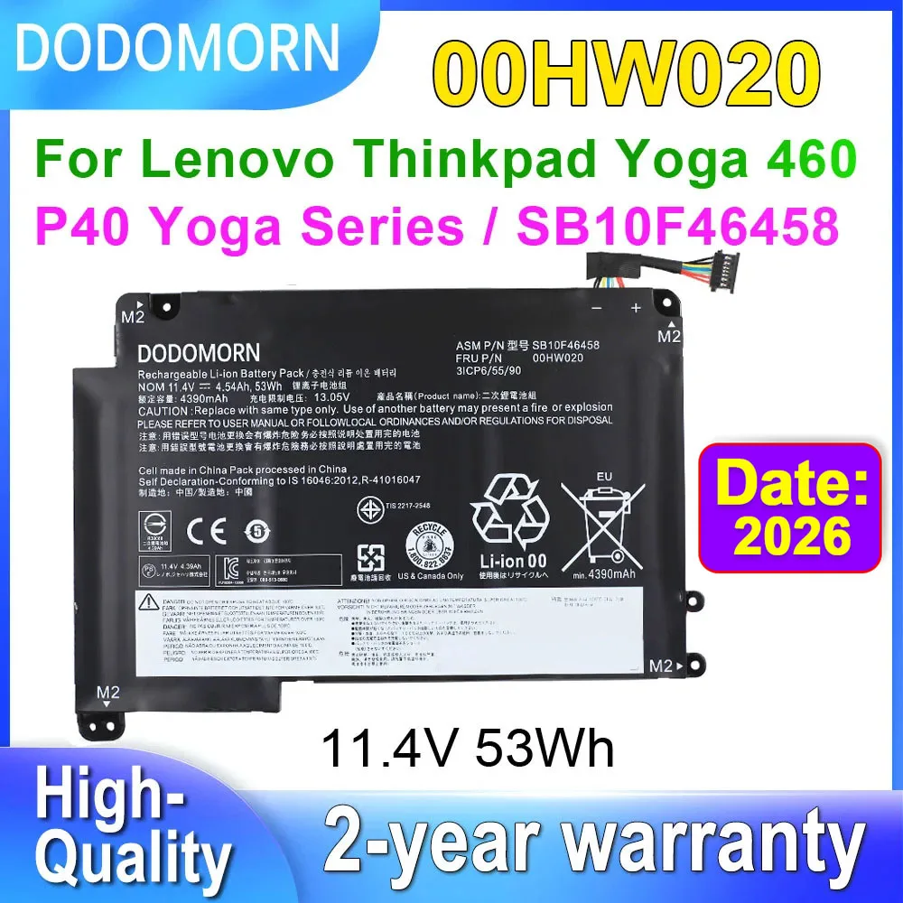 

DODOMORN 00HW020 Laptop Battery For Lenovo ThinkPad Yoga 460/P40 Yoga 20GQ Series 00HW021 SB10F46458 SB10F46459 11.4V 53Wh