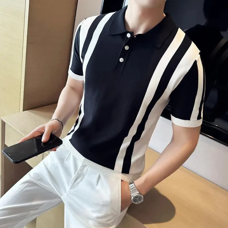 

Men'S Summer T-Shirt Color Blocked Polo Shirt, Fashionable Knitted Short Sleeved Sports Casual Breathable Lapel Quick Drying Top