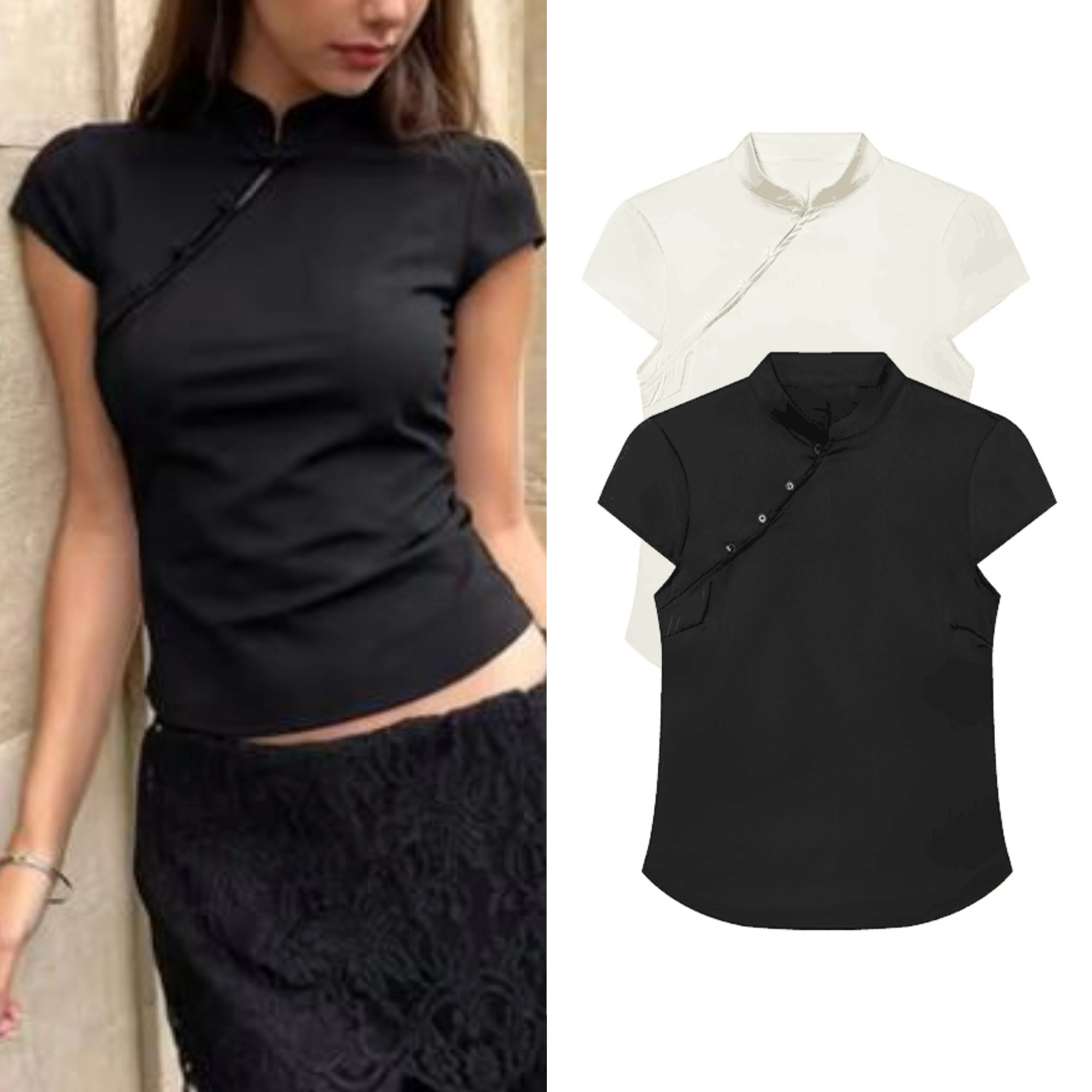

Women's Blouses Summer Fashion Stand Collar Short Sleeve Buttons Side Zip Vintage Top Elegant Female Chinese Style Tops