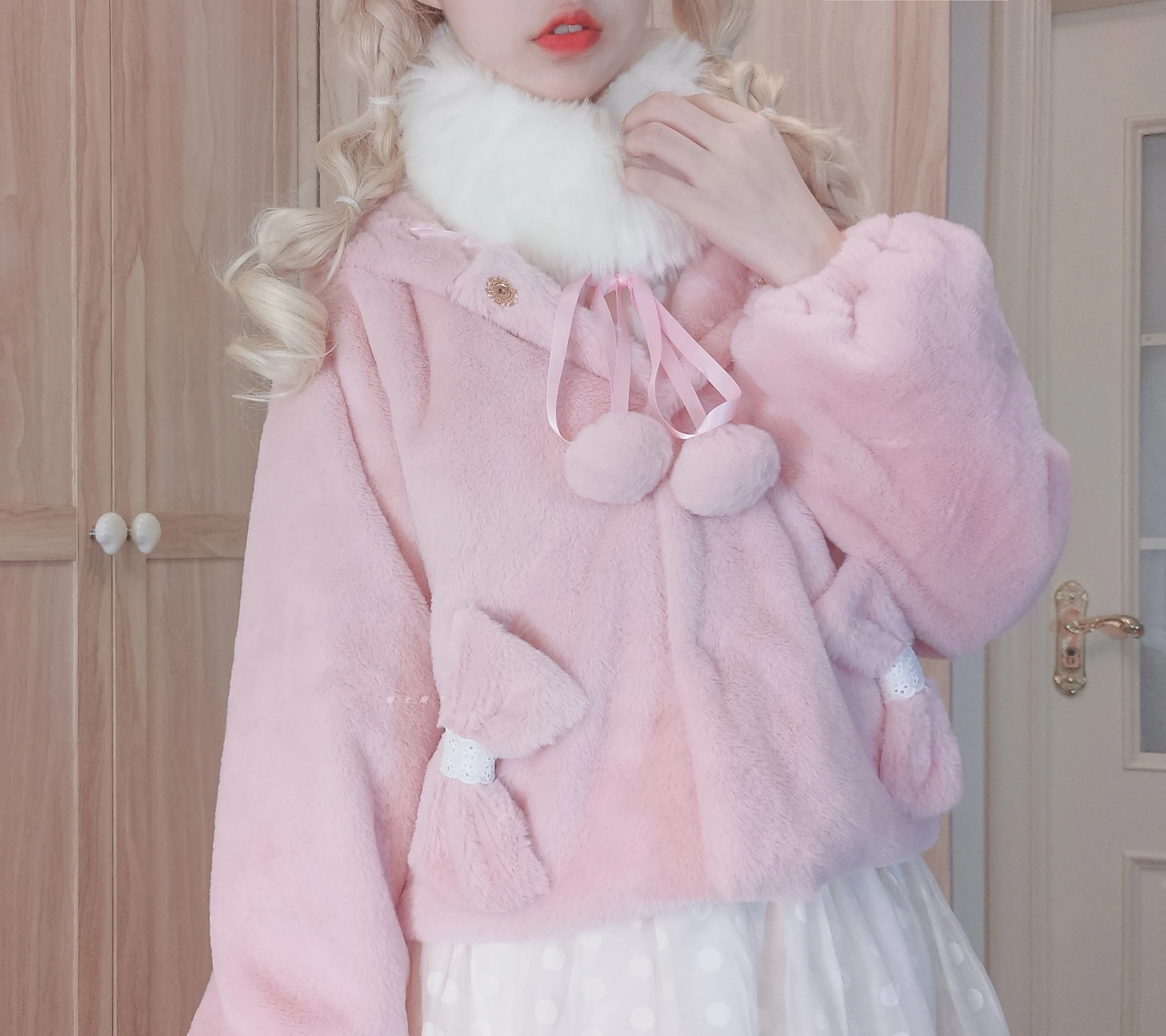 Japanische Original Lolita Mit Kapuze Rosa Plüsch Mantel Fenale Herbst und Winter Neue Süße JK Langarm Stepp Mantel für Frauen