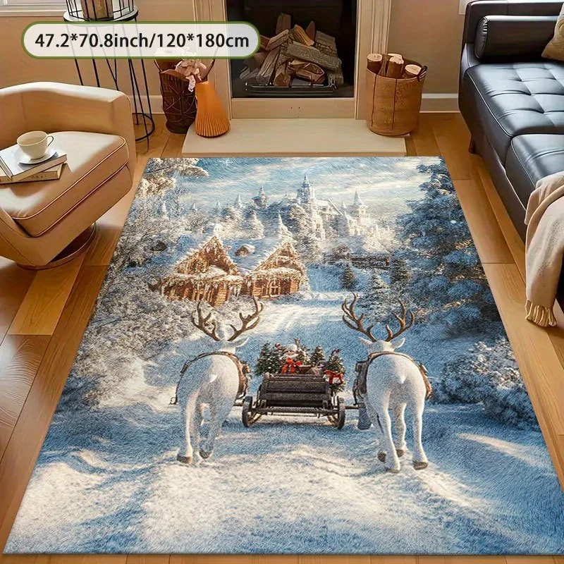1pc Luxury Soft Winter Scene Area Rug for Living Room, Machine Washable, Jumbo Sizes, Flat Weave, No Rug Pad Required