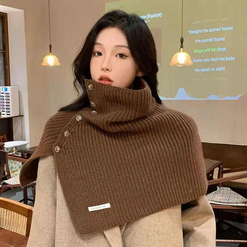 Women's 2026 Autumn Winter High Neck Button Neck Warmer Korean Versatile Pullover Knit Shawl Split Warm Chic Coquette Trendy