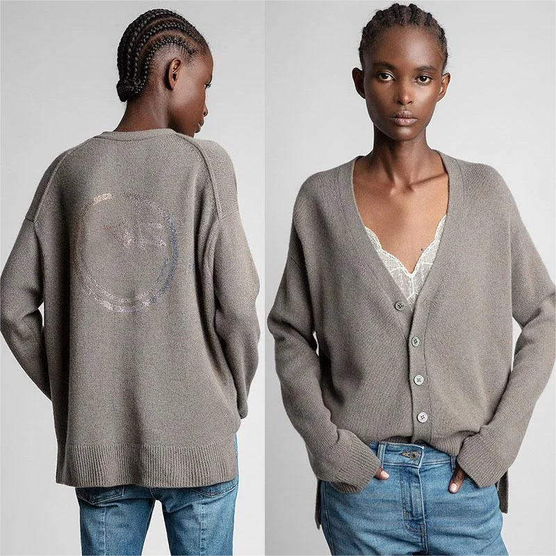 

Zadig Casual Sweater Women Fashion Brown Cashmere Sweaters Female Elegant V-Neck Niche Smile Face Hot Drill Button Cardigan