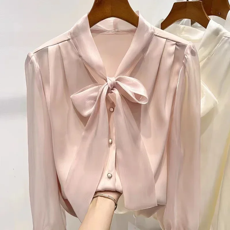 เสื้อชีฟองผู้หญิง แขนยาว แต่งริบบิ้น เสื้อผู้หญิงสไตล์เกาหลี แฟชั่นเสื้อเชิ้ตและเสื้อเบลาส์ ฤดูใบไม้ร่วง 2024 เสื้อผ้าผู้หญิง