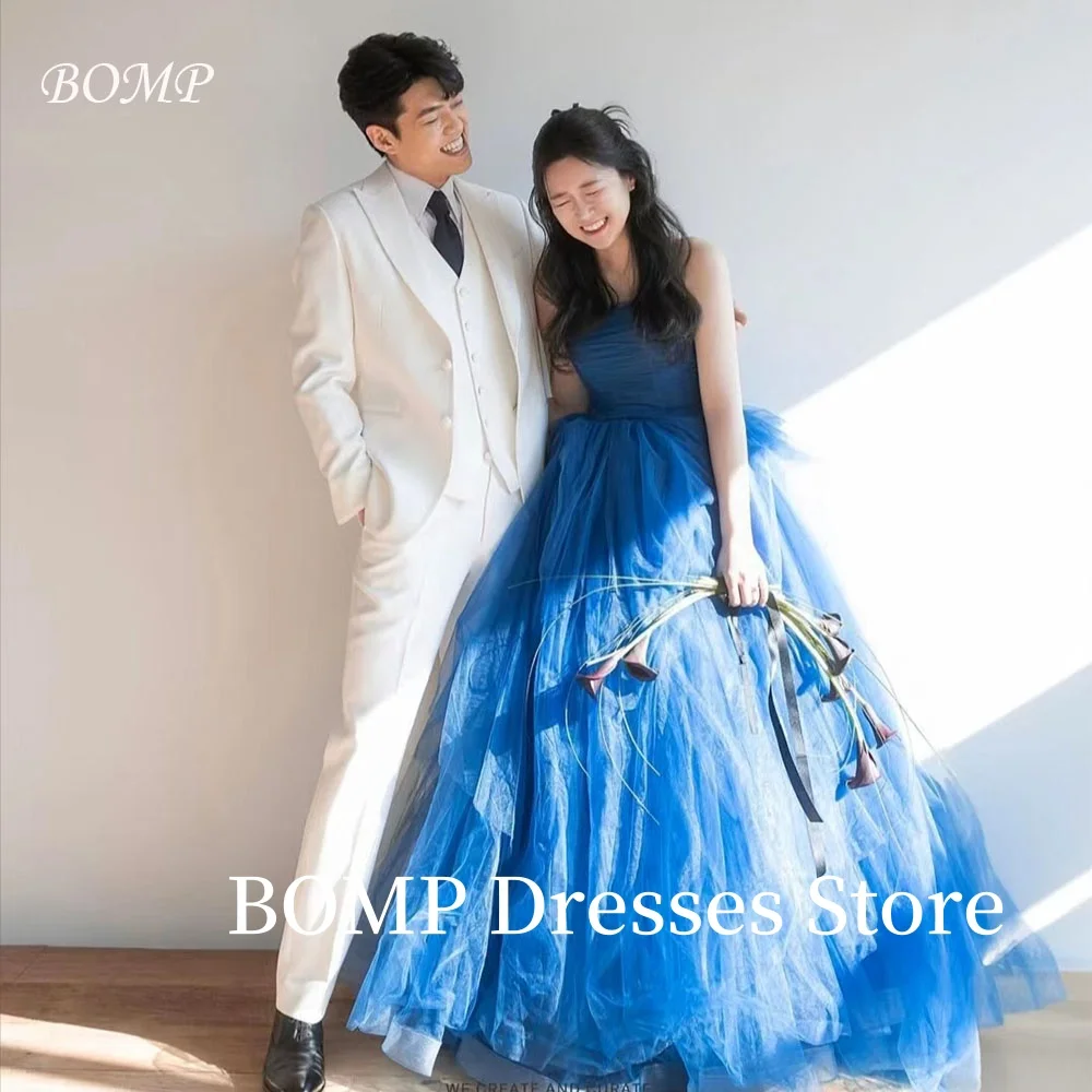 

BOMP Elegant Dark Blue Wedding Party Dress A-Line Strapless Tulle Korea Photo Shoot Floor Length Bridal Gown Customized Princess