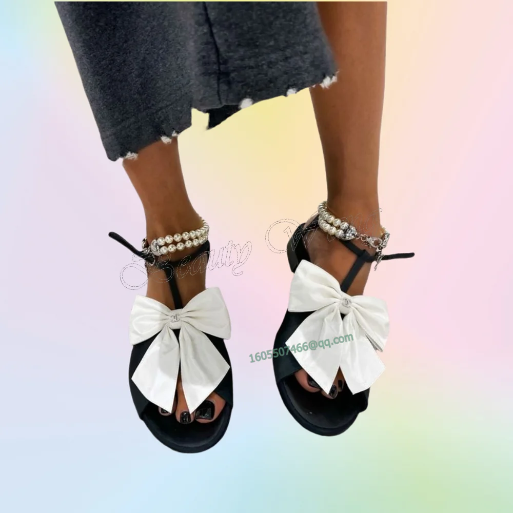 

Black Front Bow Knot Sandals Flat Heel Cut Heel Thin Heels Round Toe High Shoes for Women Wedding Shoes 2025 Zapatillas Mujer
