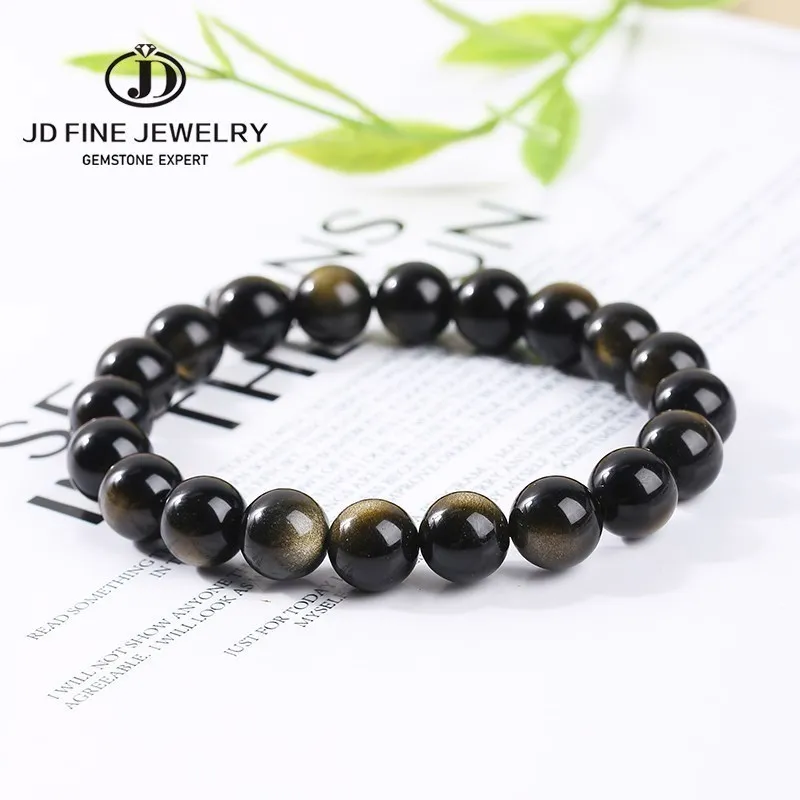 JD Natural Stone Gold Color Obsidian Irisation Bead Bracelet Women Men Charm Health Protect Healing Energy Bangles Yoga Jewelry