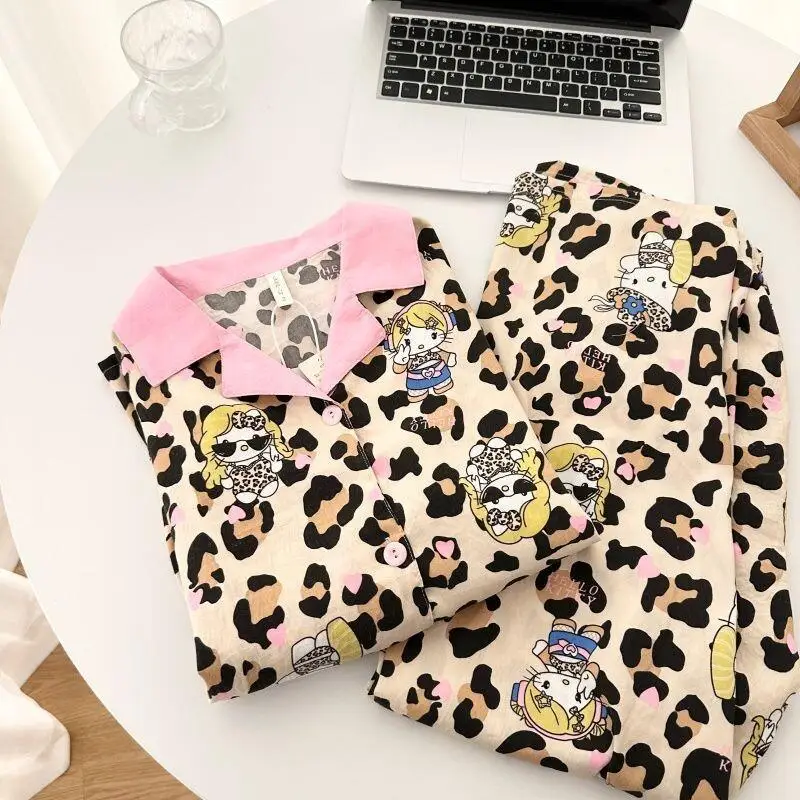 

Чистый леопардовый принт Kt Cat, хлопково-марлевые пижамы, женские весенне-осенние комплекты с длинными рукавами, хлопковая студенческая свободная домашняя одежда, тонкая ночная рубашка