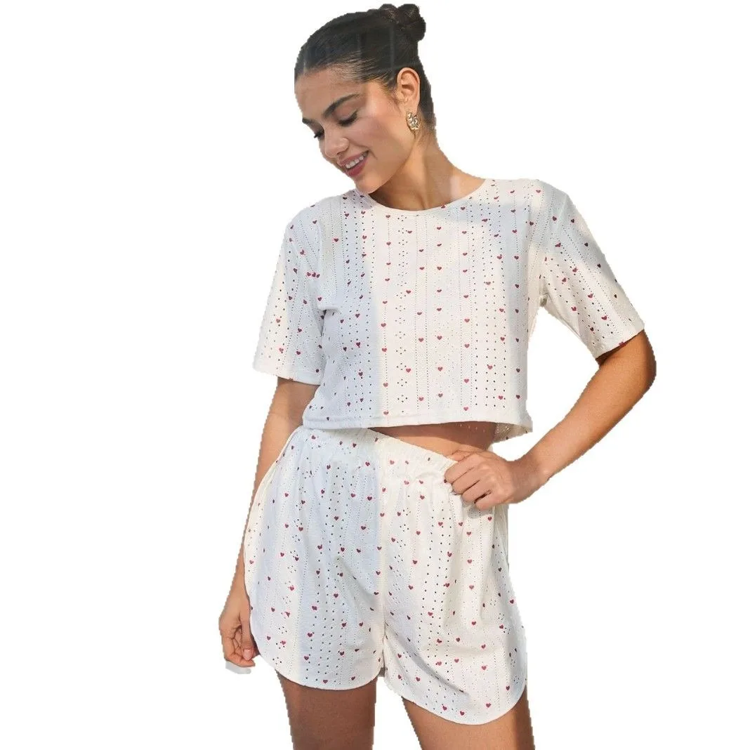 Hollow-Out Heart Print Lounge Set Short-Sleeve Slash Neck Crop Tops And Long Pants Breathable Fabric Fit Women's Casual Attire