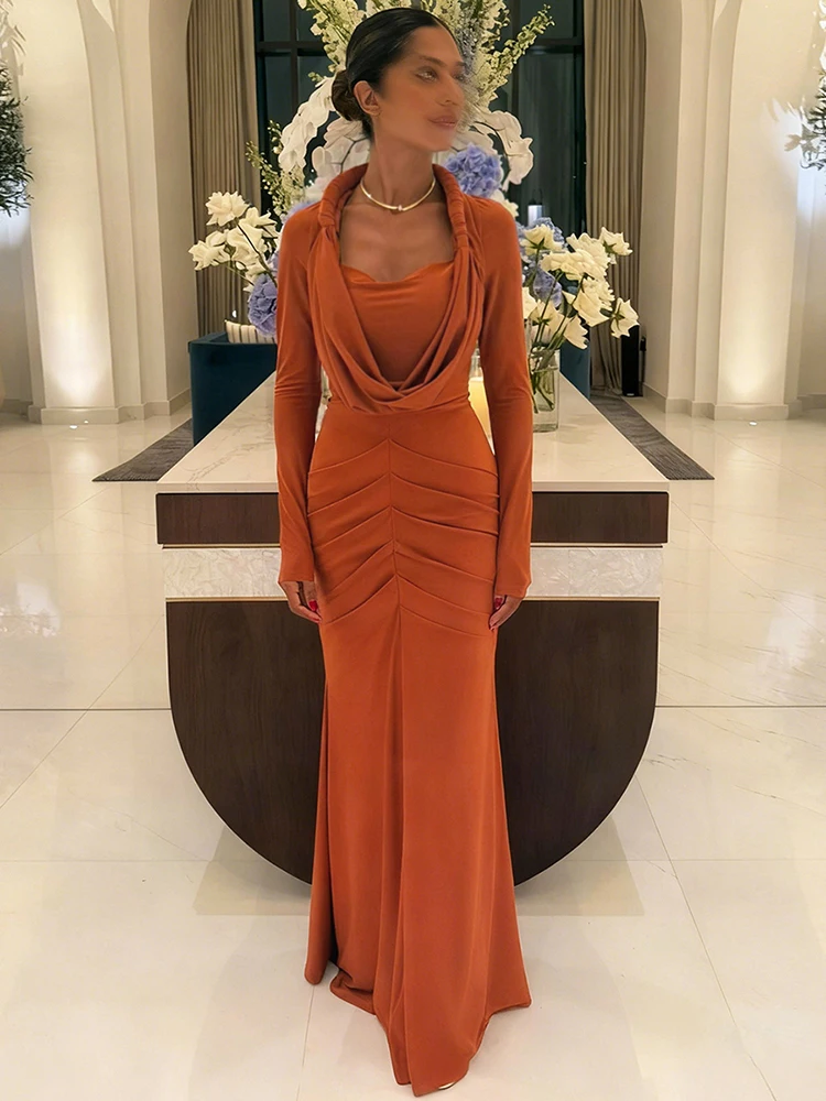 Nibber Hipster Swing Collar Long Dress Woman Full Sleeve Prom Party Casual Elegant Skinny High Stretch Midnight Ruched Vestidos