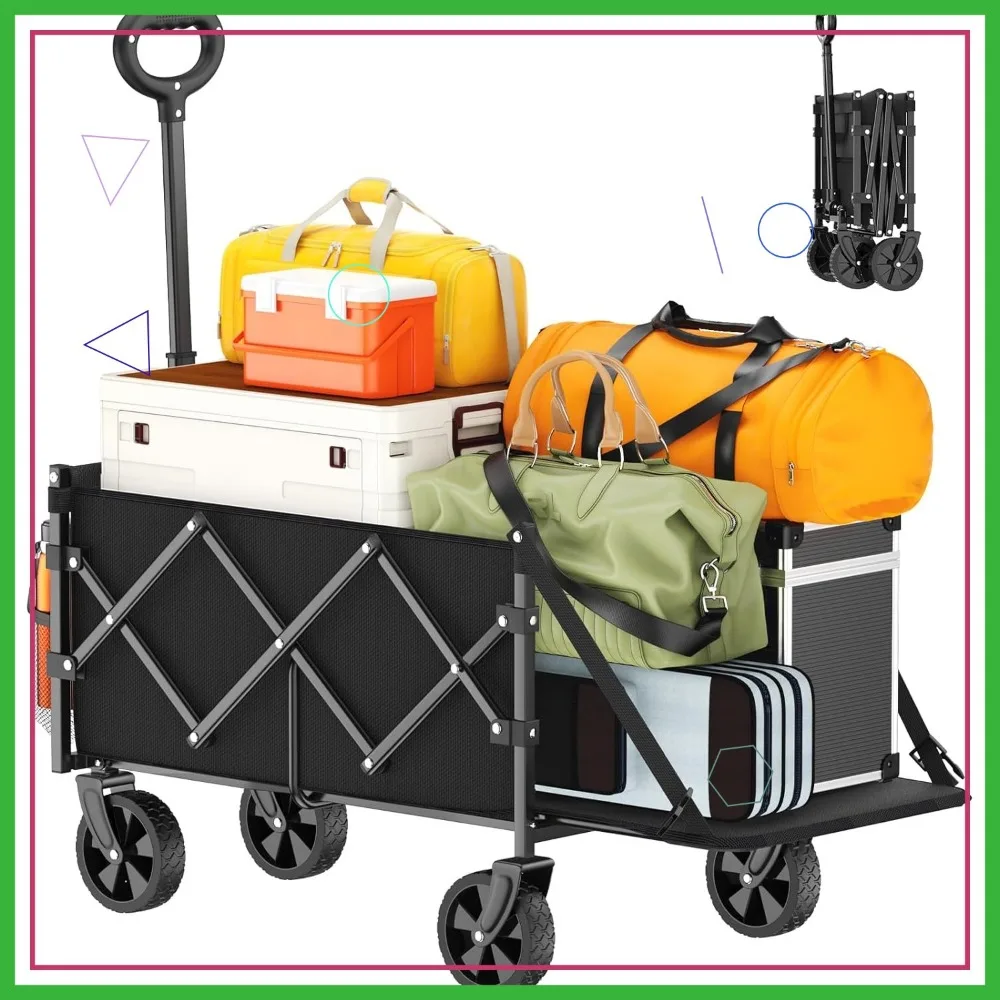 

Складная тележка-тележка с удлиненной задней дверью: сверхпрочная тележка большой емкости для покупок, сада, кемпинга - черный