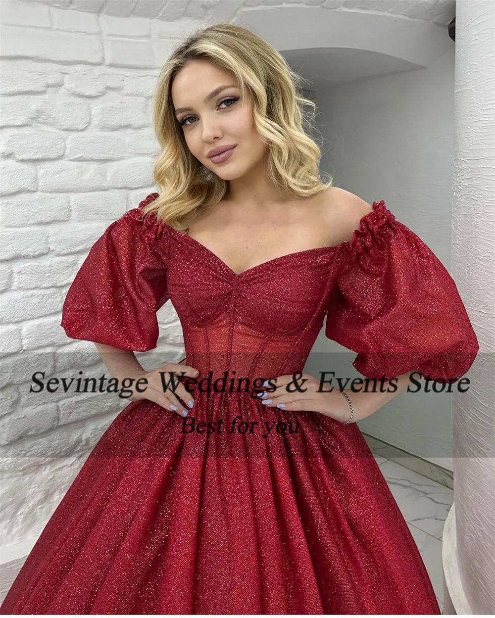 Sev exquisite Red Glitter Pailletten Ballkleider halbe Puff ärmel Falte geraffte Heimkehr Kleid Vestidos de Graduación 2023