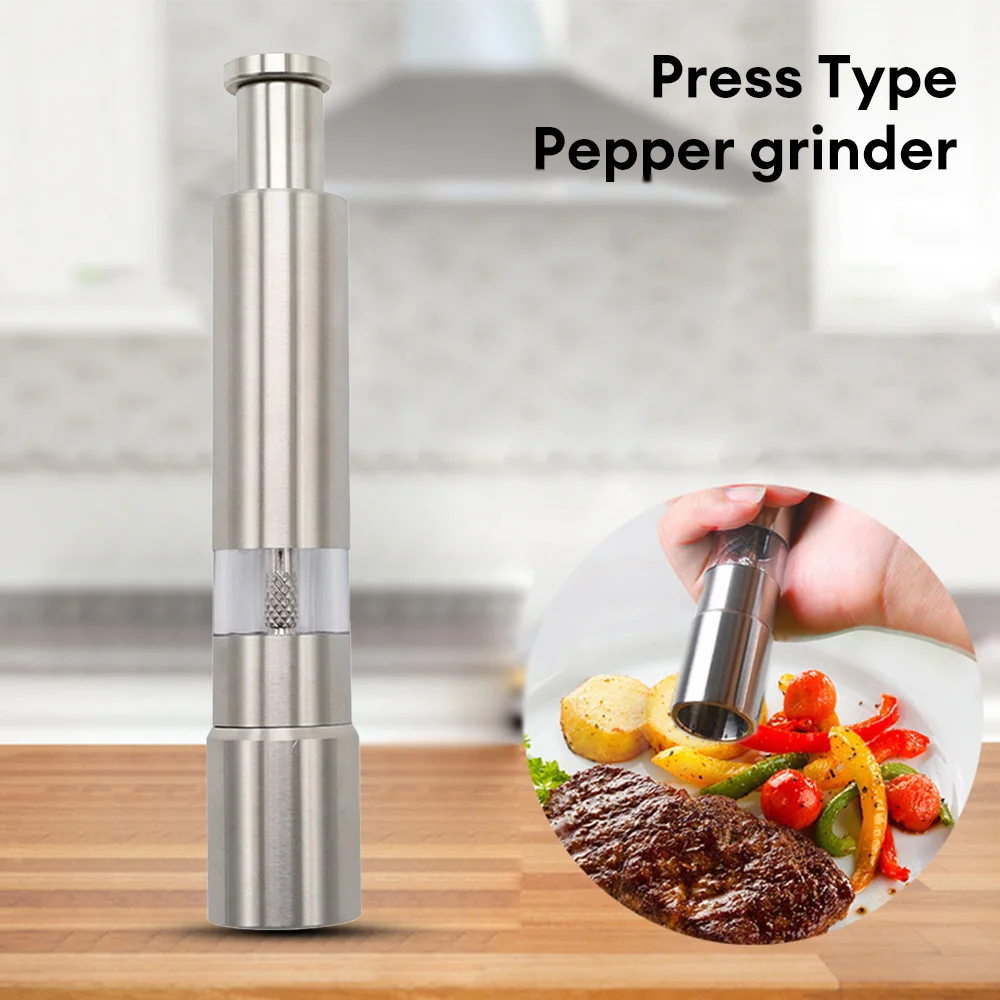 Manual Salt and Pepper Grinder Set Thumb Push Pepper Mill Stainless Steel Spice Sauce Grinders With Metal Holder Kitchen Tools