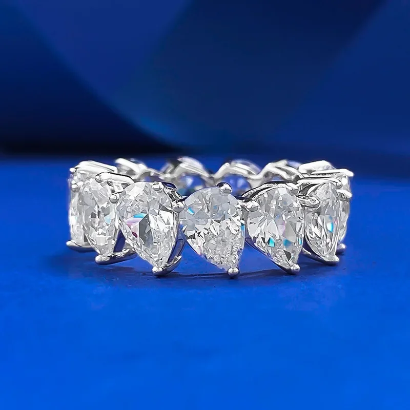 New S925 Silver Full Diamond Luxury Set 5 * 7 Water Drop Pear shaped Diamond Ring, European and American Ins Style