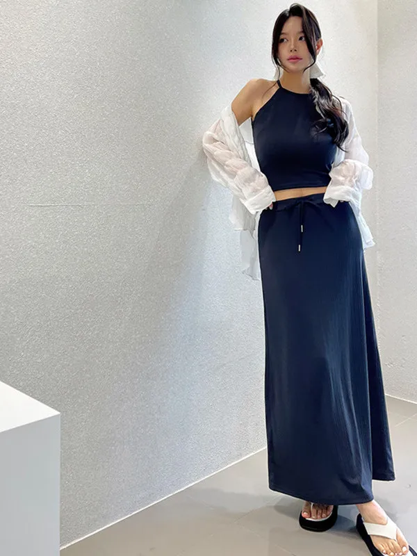 

Korean Style Women's Summer New Sleeveless Neck Hanging Knitted Vest Drawstring Half-length Skirt Two-piece Set Fashionable