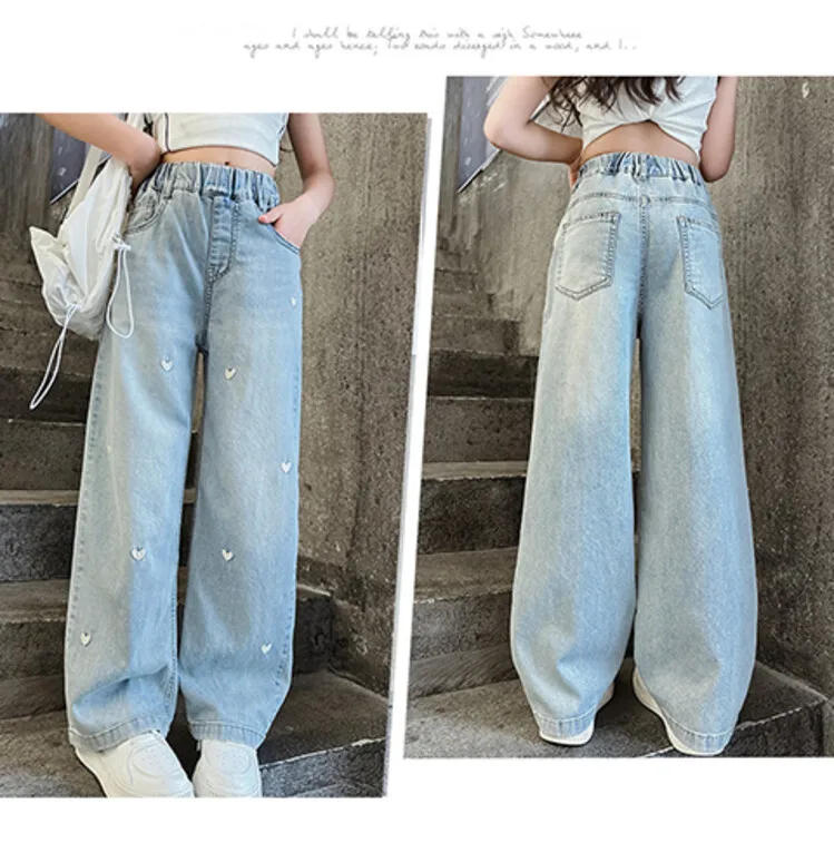 Neue Sommer-Jeans für Mädchen, leicht und atmungsaktiv, mit kleiner Herz-Stickerei, mückensichere Hose für Teenager-Mädchen im Alter von 4 bis 14 Jahren – Detail 15