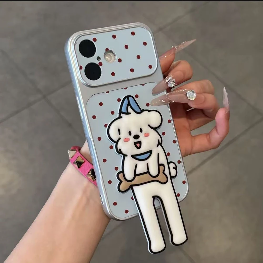 Cute Polka Dots Phone Case For Samsung A57 A56 5G A37 A17 A07 A06 A16 A26 A54 A55 S26 Ultra S25 Cover With Foldable Puppy Stand