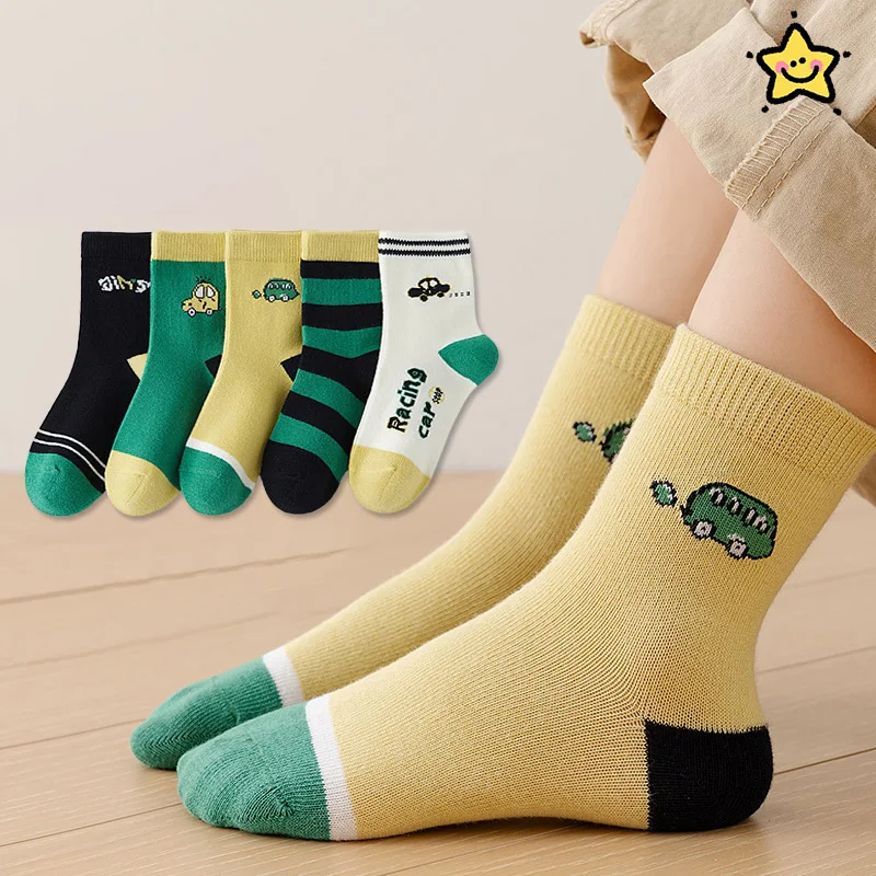 

5Pairs Spring Autumn Children Cotton Socks Cute Dinosaur Kids Middle Tube Sock 1-6year Baby Footwear Soft Breathable Sport Socks