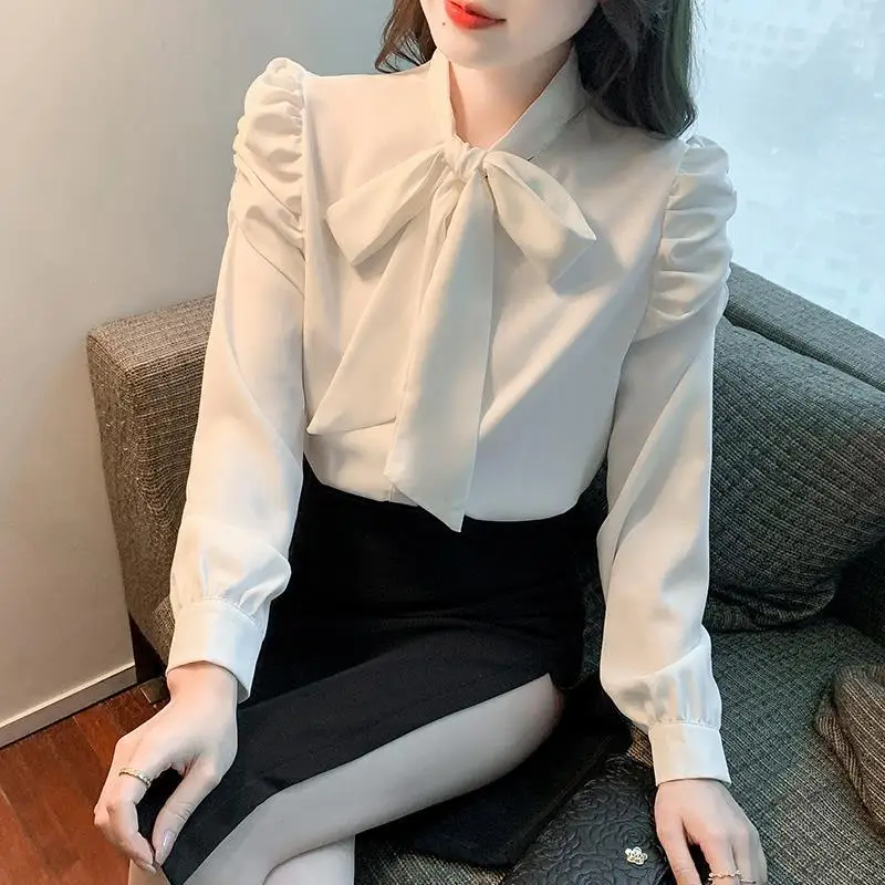 Bow Shirts Women Gentle Pure Simple Trendy Office Ladies Sweet Graceful French Style Design Spring All-match High Street Blusas