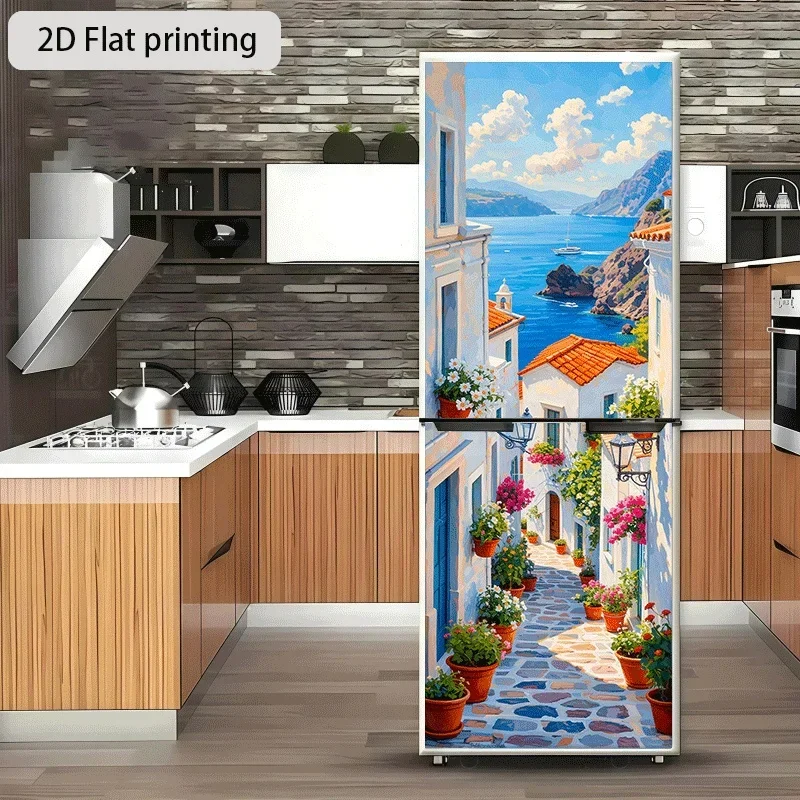 of Refrigerator Sticker,, Themed Design of Seaside Flower Alley, Self-Adhesive Wall Decoration Wallpaper Suitable for Cabinets