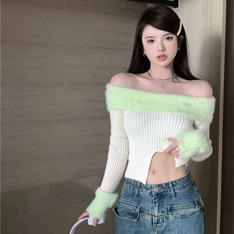 Crop Pullovers Women Sweater Gentle Slash Neck Slim Hotsweet Cozy All-match Patchwork Tender Ulzzang Autumn Jumper Y2k Clothes