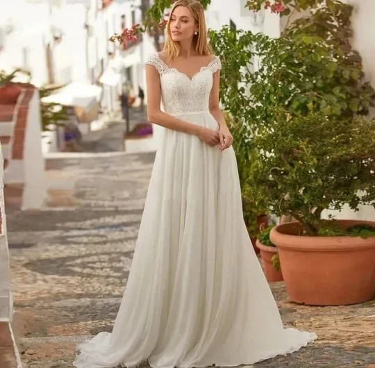 

Chiffon Wedding Dresses A Line Lace Applique Sleeveless Bridal Dress Formal Party Bride Dress Custom made