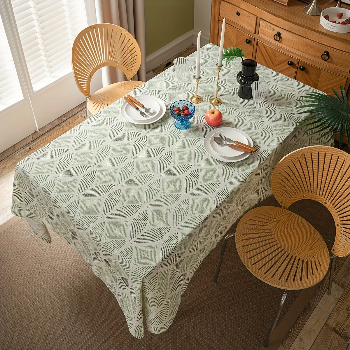 1pc Green Line Rhombus Pattern Tablecloth for American Minimalist Country Style Decoration