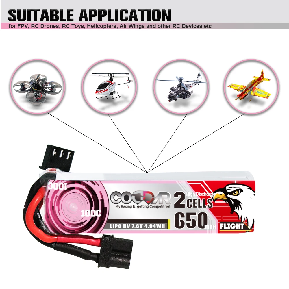 CODDAR 650MAH 2S HV 7.6V 100C XT30 RC LiPo Battery 60mm to 130mm Brushless FPV Drone Emax Tinyhawk GEPRC TinyGo Happymodel Beta