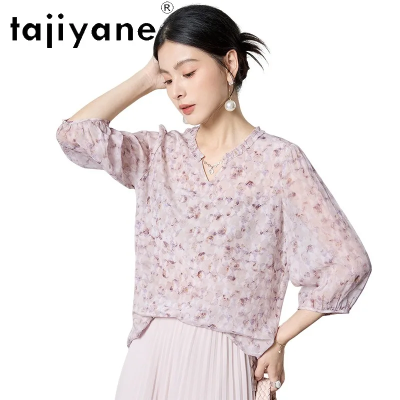 TAJIYANE 100% Mulberry Silk Women Silk Shirt O-neck Short Shirts Elegant Printed Summer Blouse Woman Clothes Tops Blouse Femmes